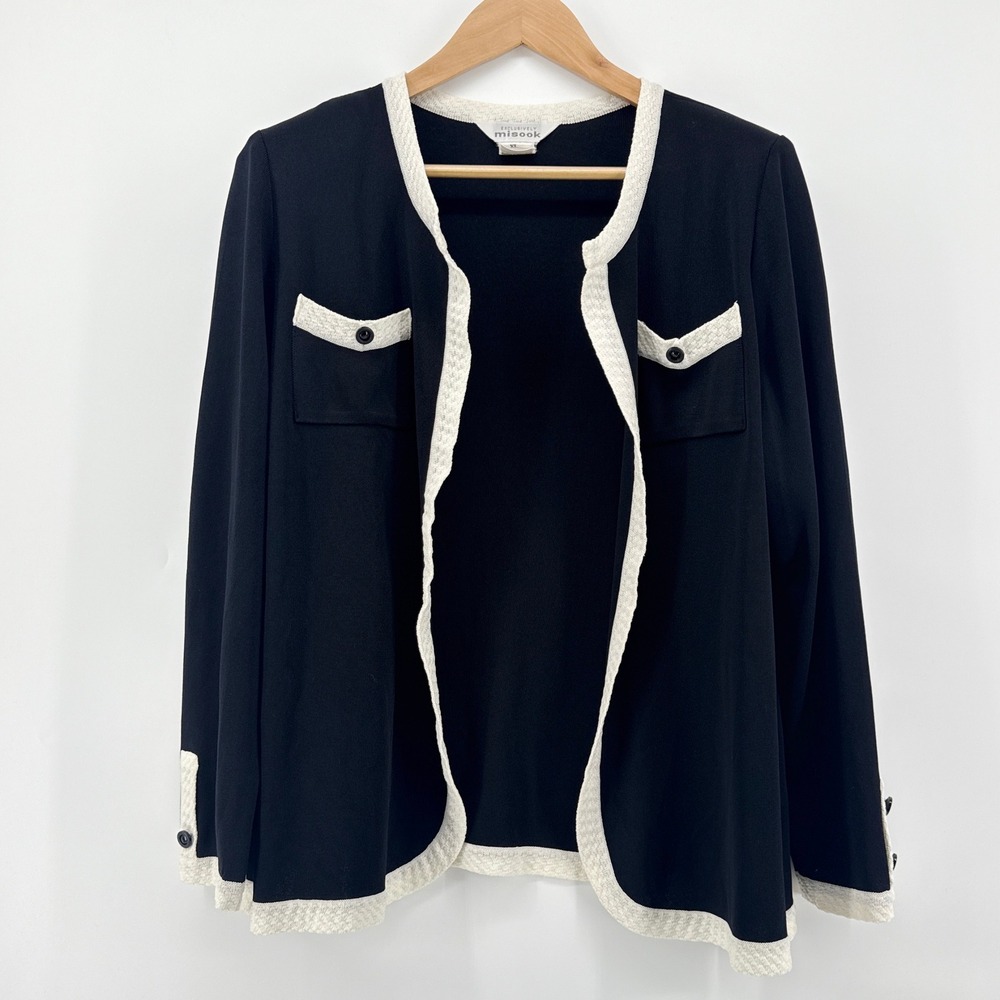 EXCLUSIVELY MISSOOK Black White Trim Open Front Cardigan Sweater Jacket XL